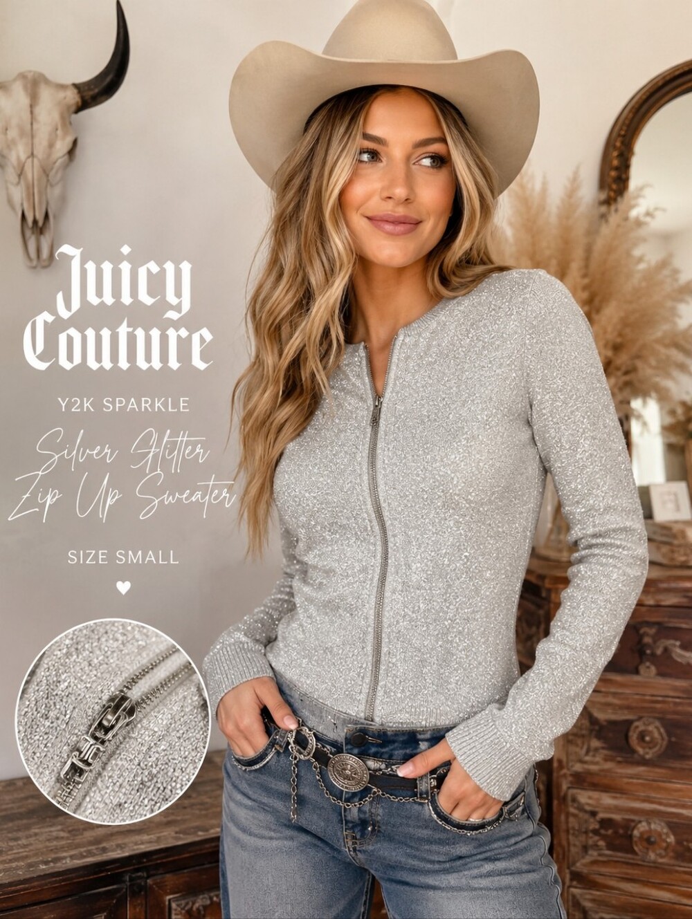 Juicy Couture Silver Glitter Zip Up Sweater Y2K Sparkle Cardigan Small